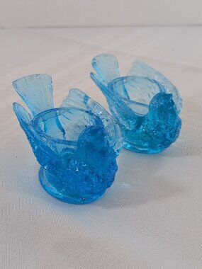 Pair of Vintage Blue Glass Bird & Berry Salt Cellars